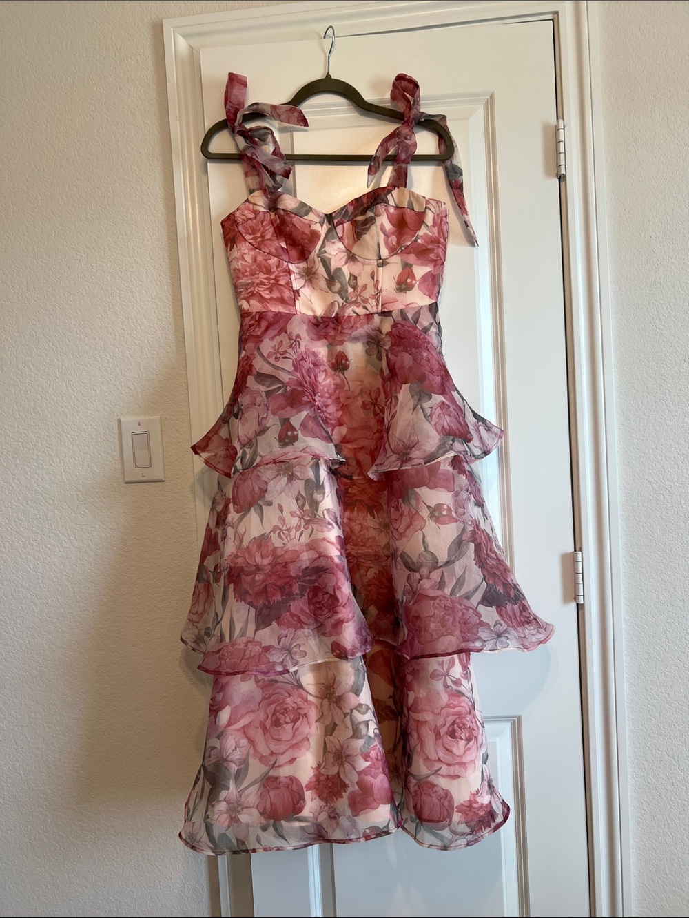 Lulu's Pink Floral Tiered Party Dress with Tie Straps
